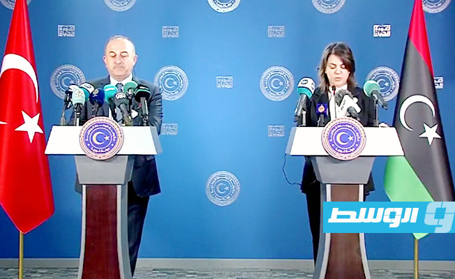 مؤتمر صحفي للمنقوش ومولود جاويش أوغلو في طرابلس، الإثنين 3 أكتوبر 2022. (الخارجية الليبية)