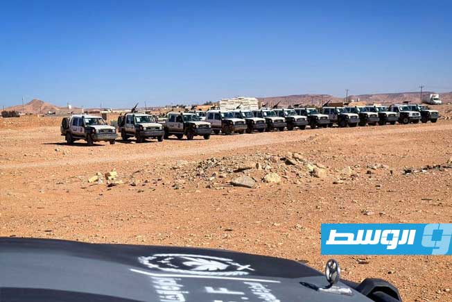 أرتال عسكرية تابعة لوزارة الداخلية بحكومة الوحدة الوطنية الموقتة لدى وصولها مدينة مزدة في غرب ليبيا، 21 يناير 2024. (إدارة العمليات الأمنية)