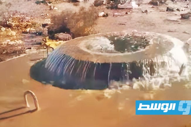تسرب مياه بخط أجدابيا - بنغازي بعد تعرضه لاعتداء، 29 مارس 2025. (جهاز النهر الصناعي)