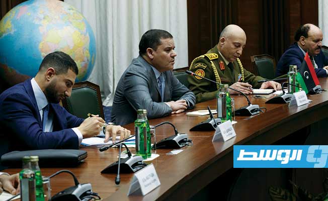 من اجتماع الدبيبة في موسكو مع وزير الدفاع الروسي، 16 أبريل 2021. (وزارة الدفاع الروسية)