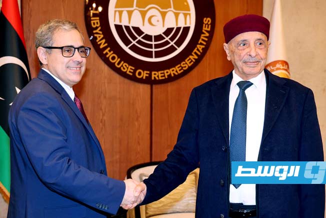 لقاء عقيلة مع القائم بالأعمال الأميركي في ليبيا جيرمي برنت، الخميس 11 ديسمبر 2025. (مجلس النواب)