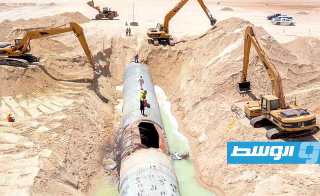 أعمال الإصلاحات في مسار «تازربو – بنغازي» بالنهر الصناعي، 3 أغسطس 2021. (النهر الصناعي)
