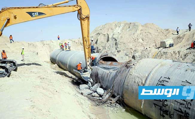 أعمال الإصلاحات في مسار «تازربو – بنغازي» بالنهر الصناعي، 3 أغسطس 2021. (النهر الصناعي)
