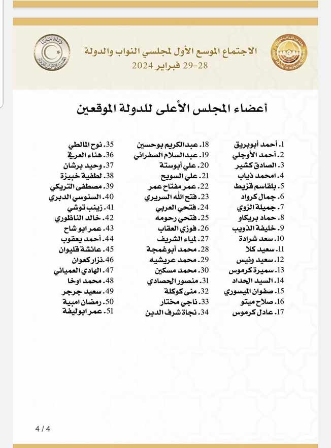 أسماء أعضاء المجلس الأعلى للدولة الموقعين على محضر اتفاق أعضاء مجلسي النواب والدولة المشاركين في لقاء تونس، 28 فبراير 2024. (المجلس الأعلى للدولة)