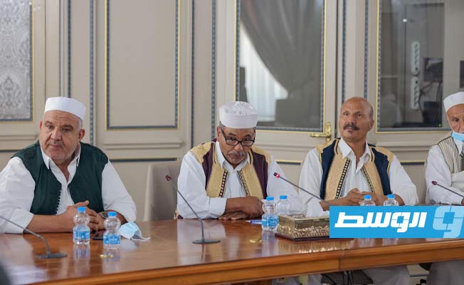 من لقاء الدبيبة مع أعيان تاورغاء وأعضاء من المجلس الأعلى للمصالحة، 7 يوليو 2021. (حكومة الوحدة الوطنية)