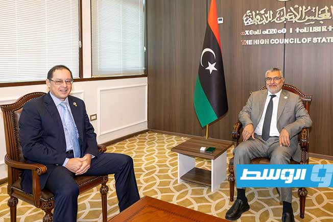 لقاء رئيس المجلس الأعلى للدولة محمد تكالة مع السفير الروسي لدى ليبيا حيدر أغانين، 25 سبتمبر 2025. (صفحة المجلس على فيسبوك)