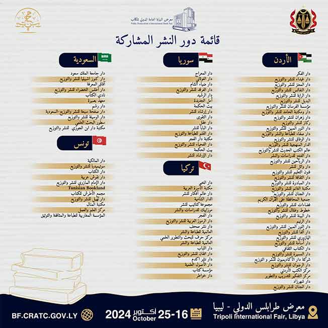 دور النشر المشاركة في معرض النيابة العامة الدولي للكتاب. (صفحة المعرض)