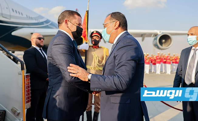 مدبولي لدى استقباله الدبيبة في القاهرة, 15 سبتمبر 2021. (حكومة الوحدة الوطنية الموقتة)