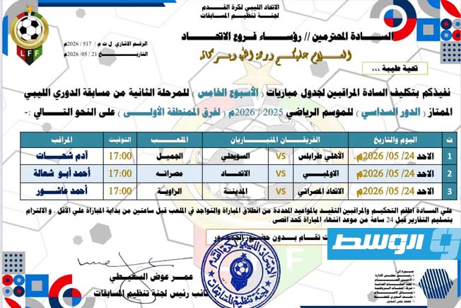 جدول مباريات المجموعة الأولى بالدور السداسي للدوري الليبي الممتاز (صفحة لجنة المسابقات على فيسبوك)