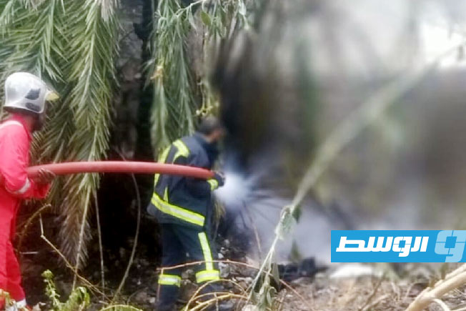 رجال الإطفاء أثناء إخماد النيران بقطة أرض بجوار مركز علاج جراعة الأوعية الدموية، الأربعاء 30 يوليو 2025. (هيئة السلامة الوطنية)