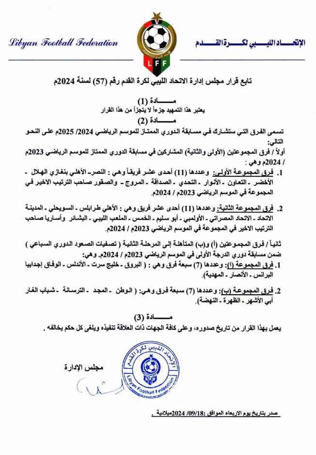 بيان اتحاد كرة القدم الليبي. (صفحة اتحاد الكرة الليبي عبر فيسبوك)