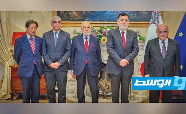 جانب من زيارة السراج وسيالة وباشاغا إلى مالطا، 6 يوليو 2020. (حساب وزير الداخلية على تويتر)