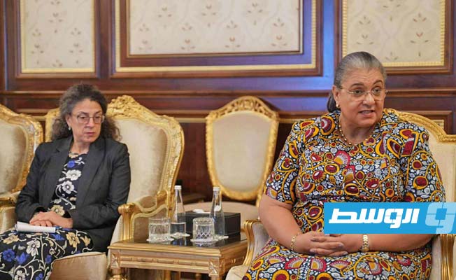 لقاء المنفي مع تيتيه ونائبتها ستيفاني خوري، الأربعاء 3 سبتمبر 2025. (المجلس الرئاسي)